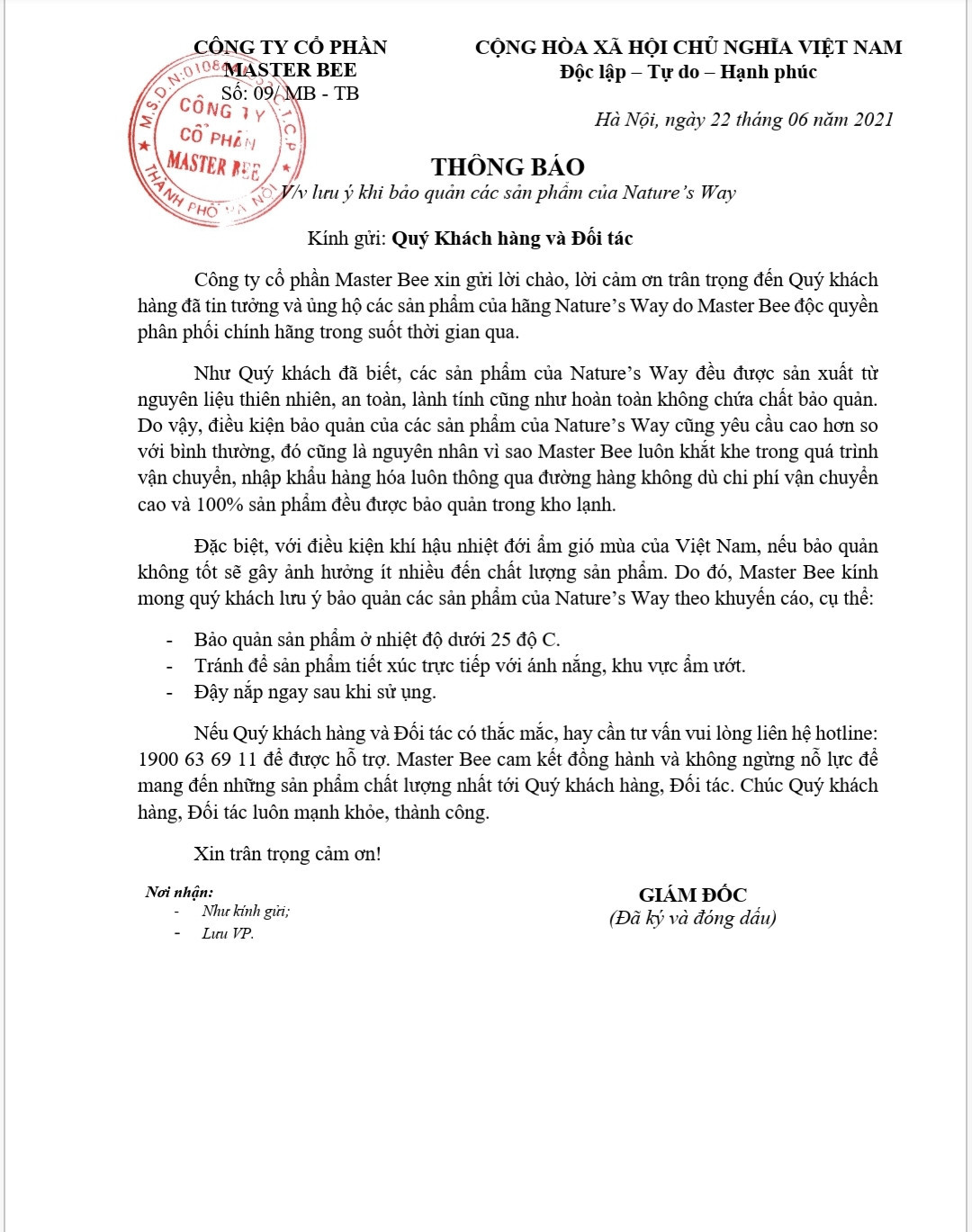 Thông báo về việc bảo quản các sản phẩm Nature's Way