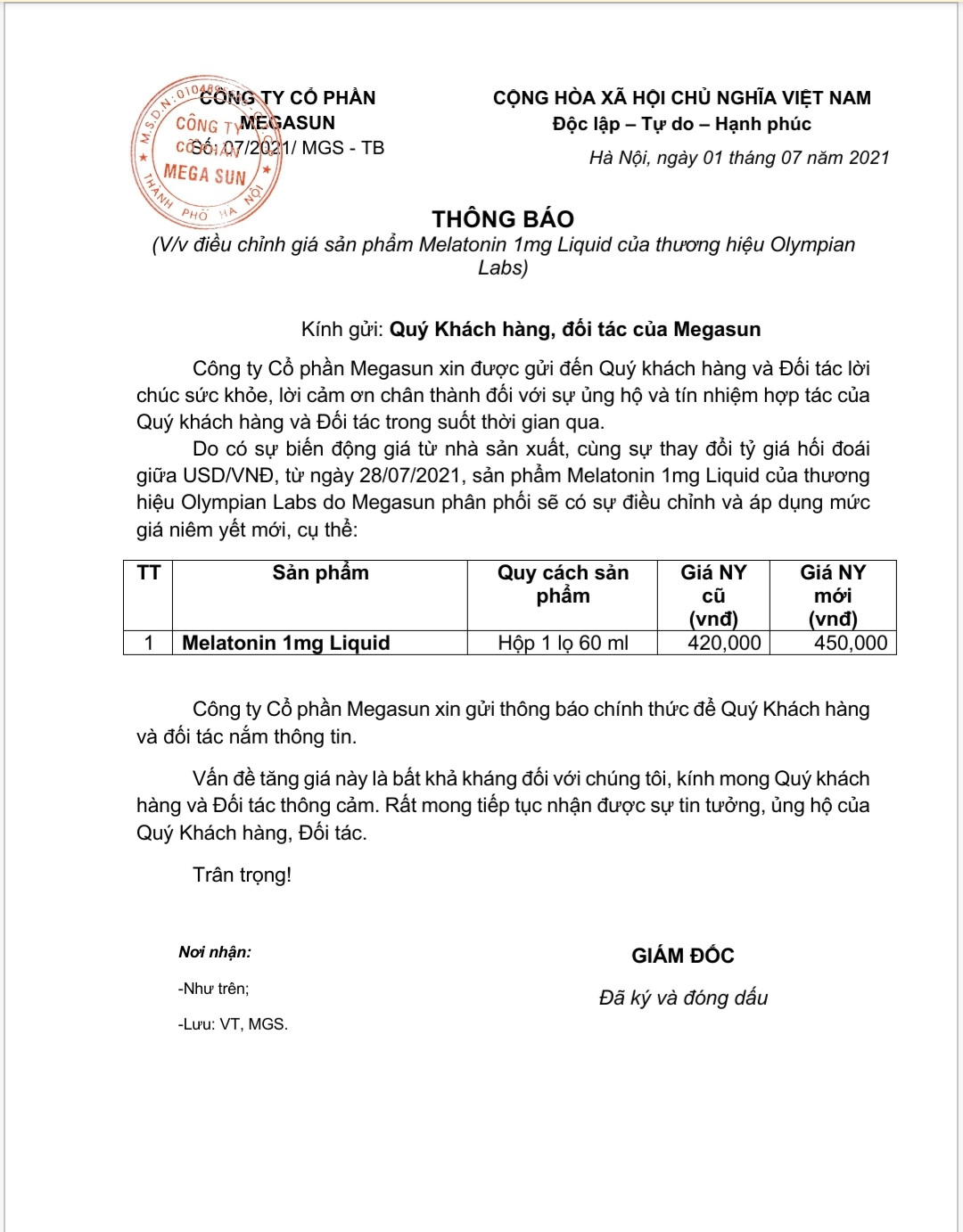 THÔNG BÁO: Điều chỉnh giá sản phẩm Melatonin 1mg Liquid 