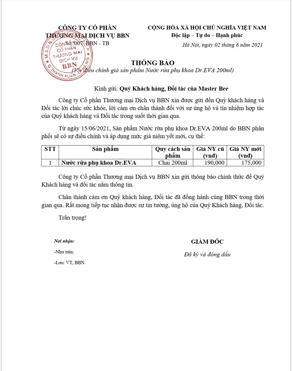 Điều chỉnh giá sản phẩm Dr.Eva 200ml
