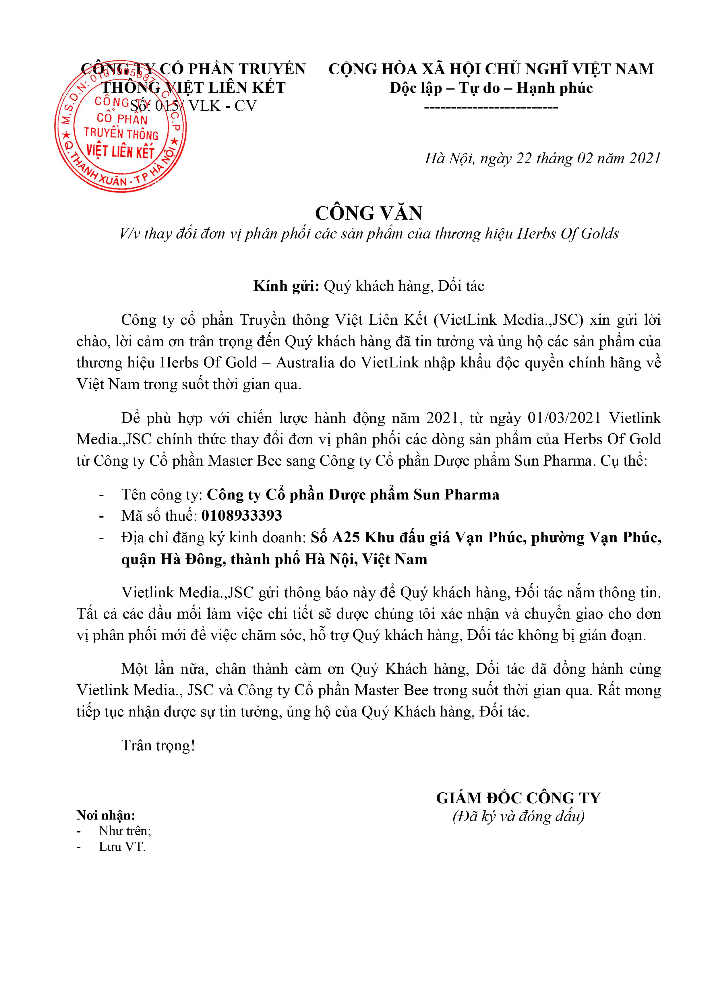 Herbs Of Gold thay đổi đơn vị phân phối tại Việt Nam