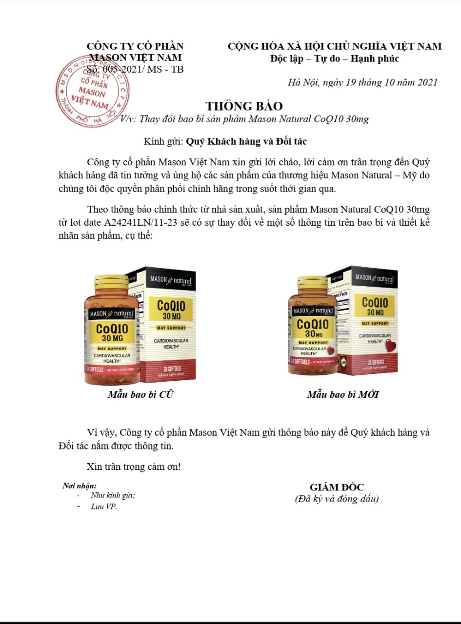 Mason Natural CoQ10 30mg thay đổi mẫu mã bao bì 