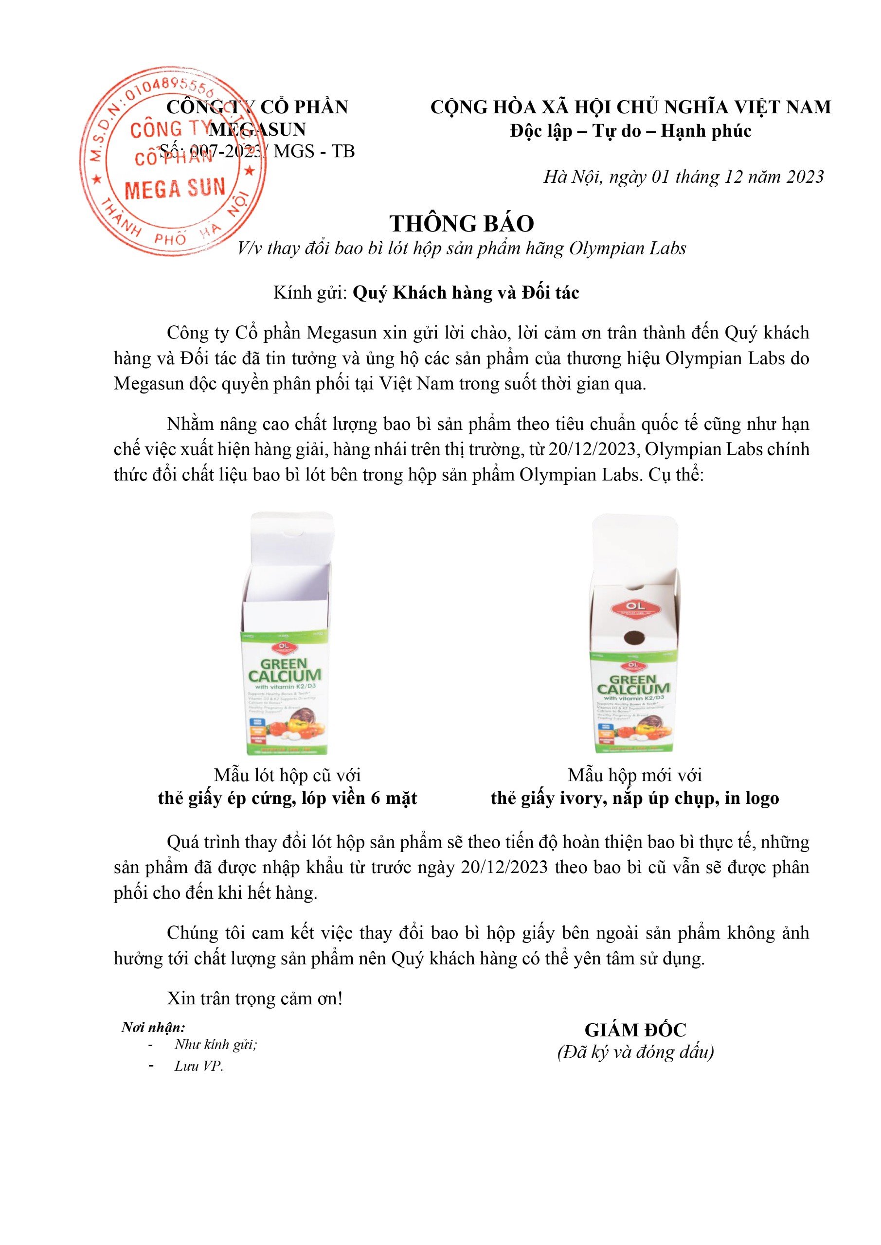 Thông báo thay đổi lót hộp Olympian Labs