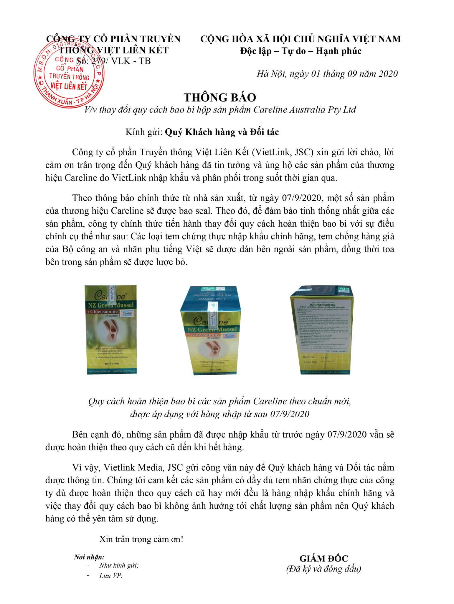 Thông báo  thay đổi quy cách hoàn thiện bao bì sản phẩm CareLine