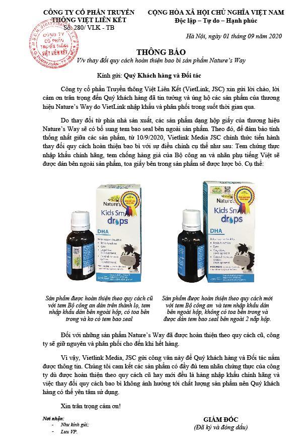 Thông báo thay đổi quy cách hoàn thiện bao bì sản phẩm Nature’s Way