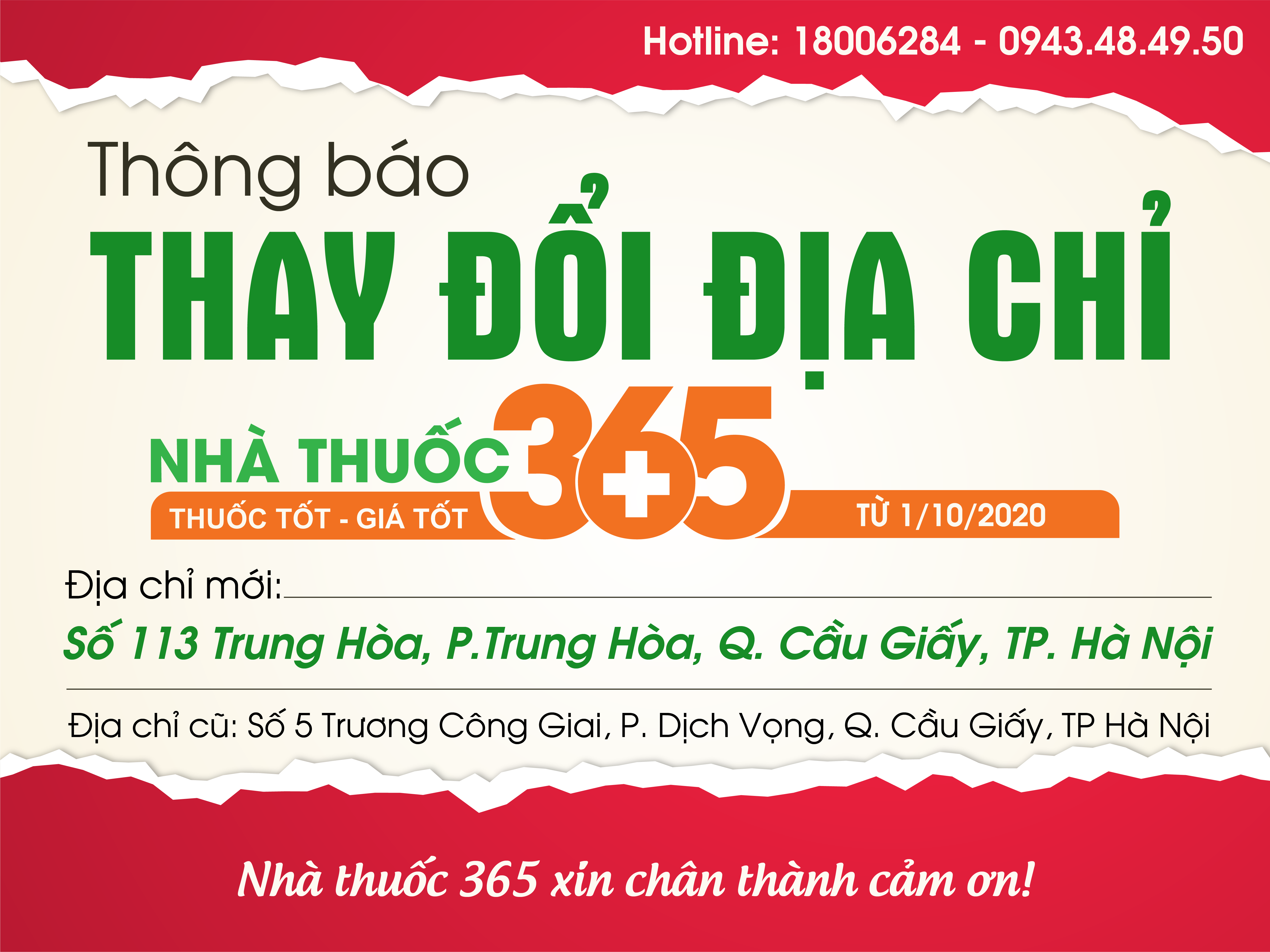 Nhà thuốc 365 thay đổi địa chỉ mới