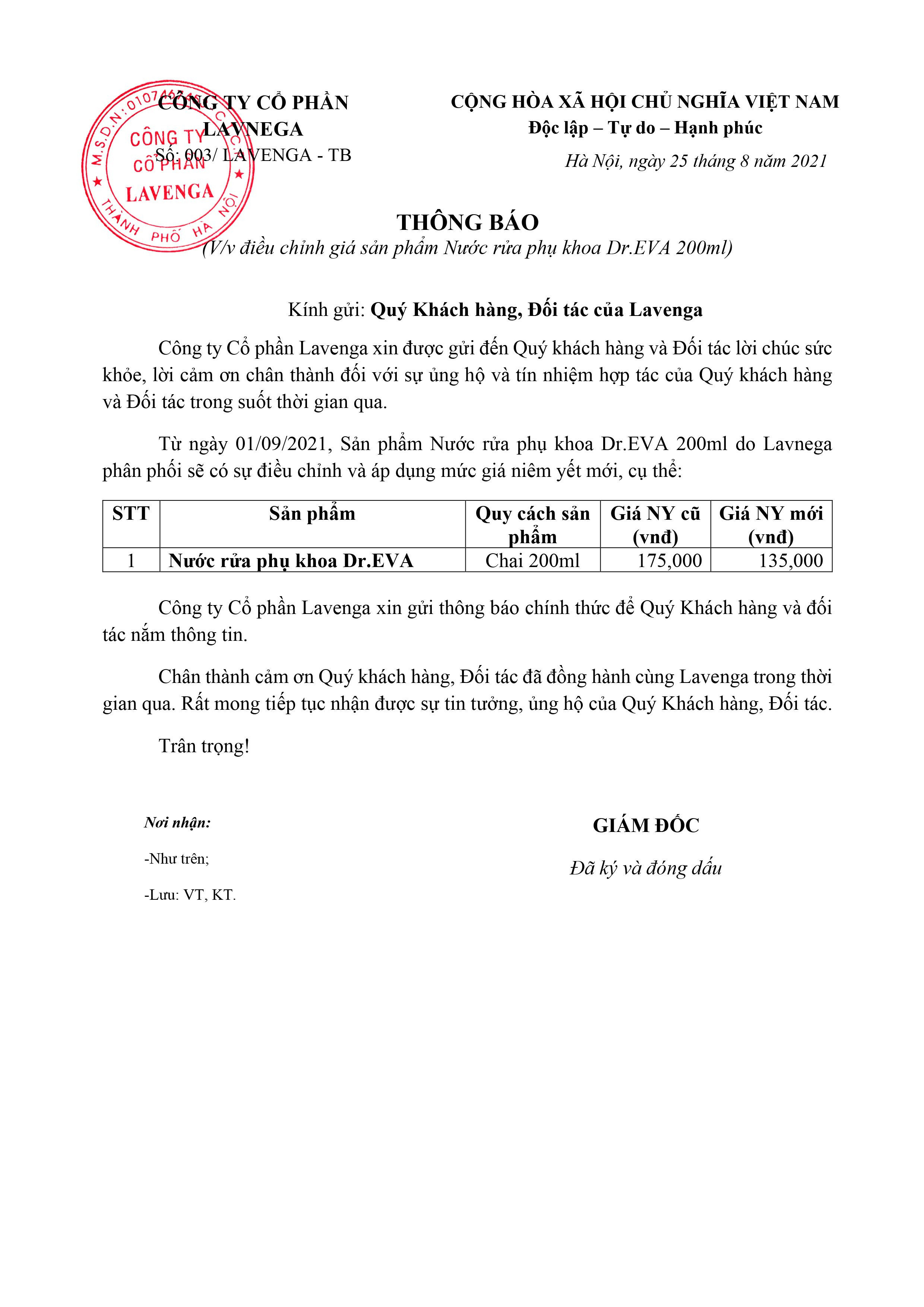 Thông báo điều chỉnh giá Dr.Eva