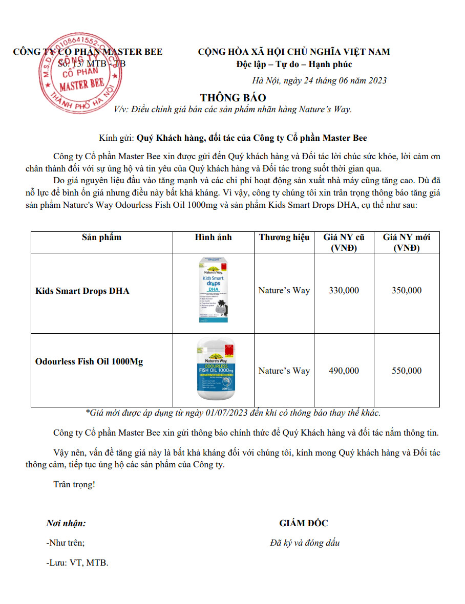 Thông báo: Điều chỉnh giá các sản phẩm của Nature's Way 