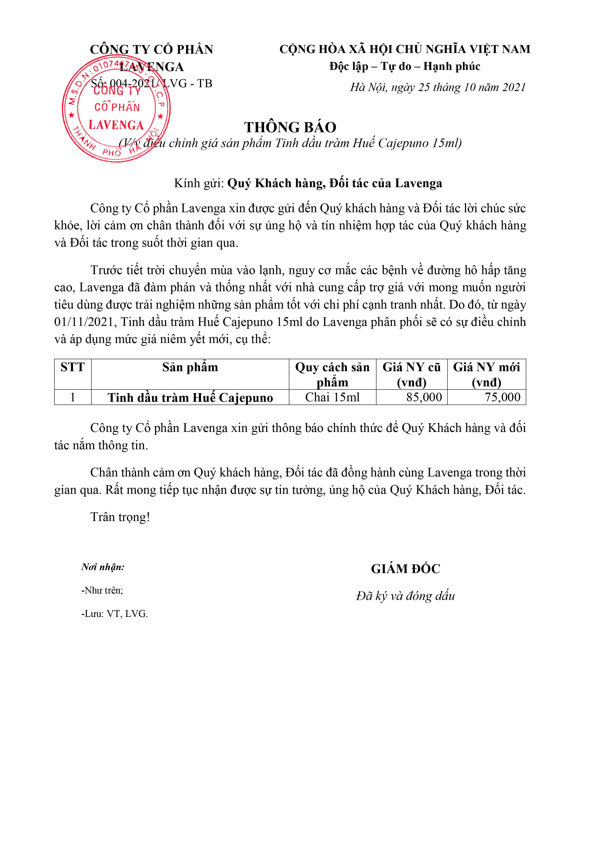 Thông báo: Điều chỉnh giá sản phẩm Tinh dầu tràm Huế Cajepuno 15ml 