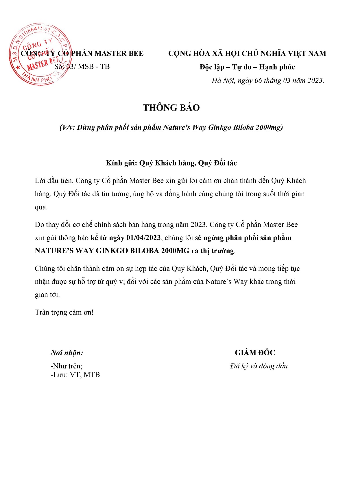 Thông báo: Dừng phân phối sản phẩm Nature's Way Ginkgo Biloba 2000mg