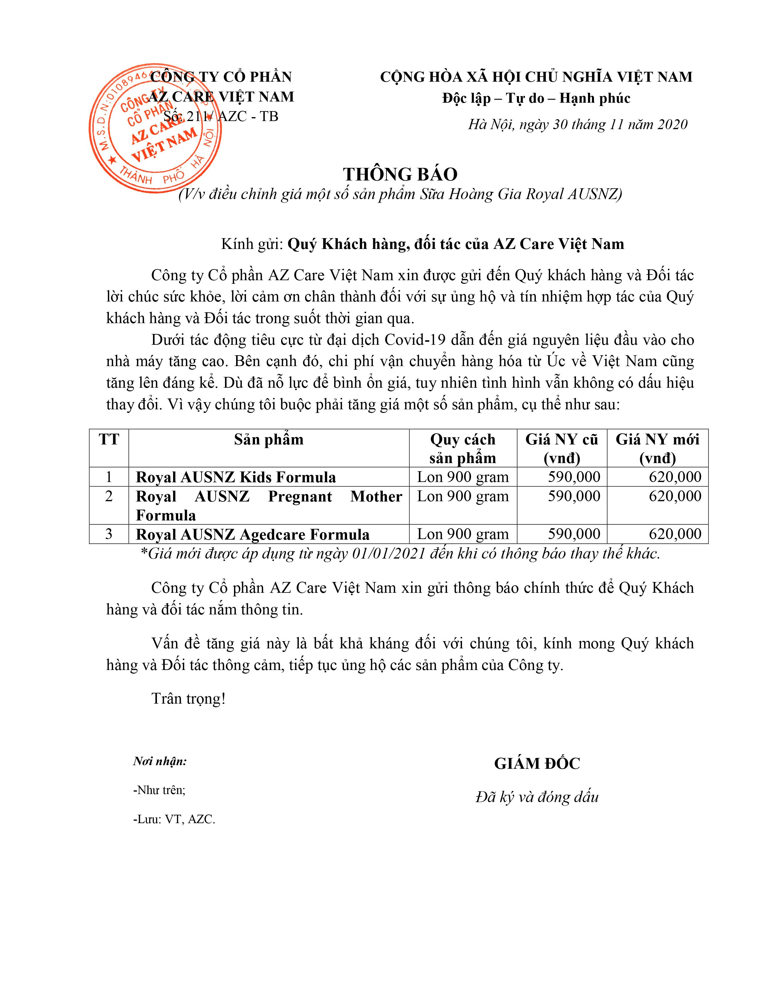 Nhà thuốc 365 thông báo điều chỉnh giá một số sản phẩm sữa hoàng gia Úc Royal Ausnz