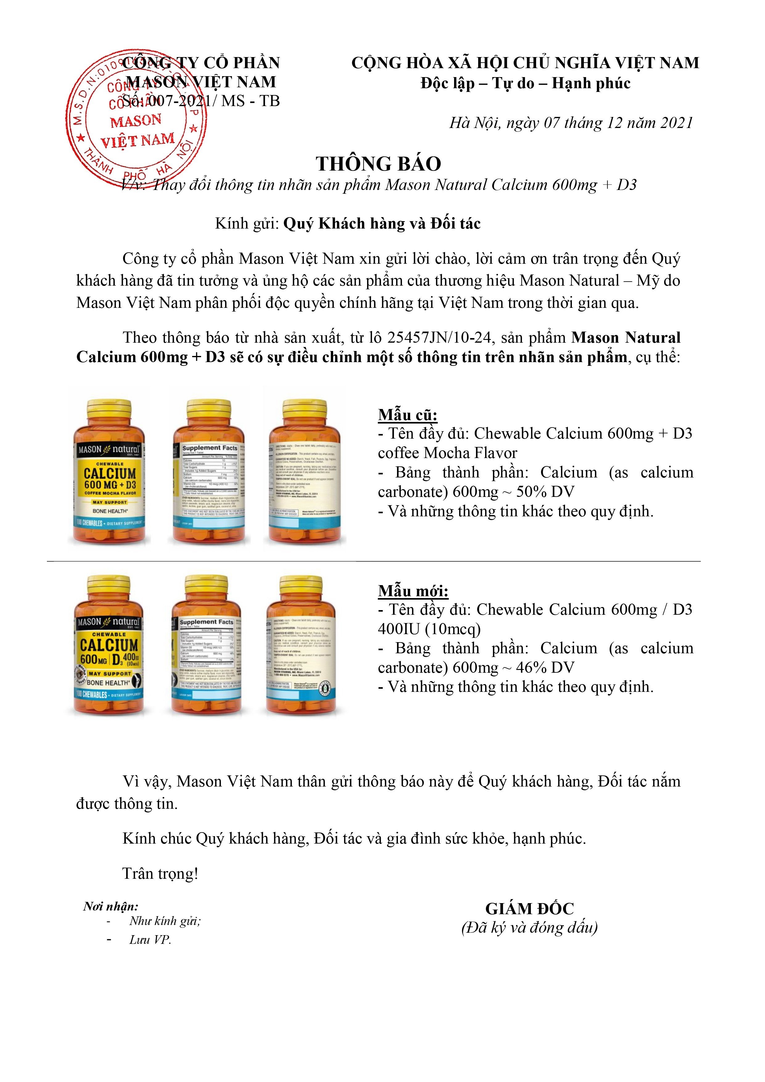 Thông báo: Thay đổi bao bì sản phẩm Mason Natural Calcium 600mg + D3