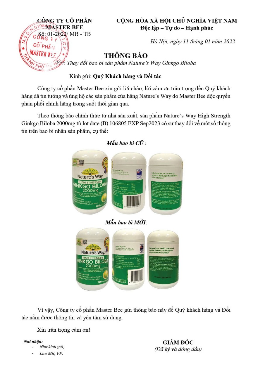 Thông báo: Thay đổi bao bì sản phẩm Nature’s Way High Strength Ginkgo Biloba 2000mg