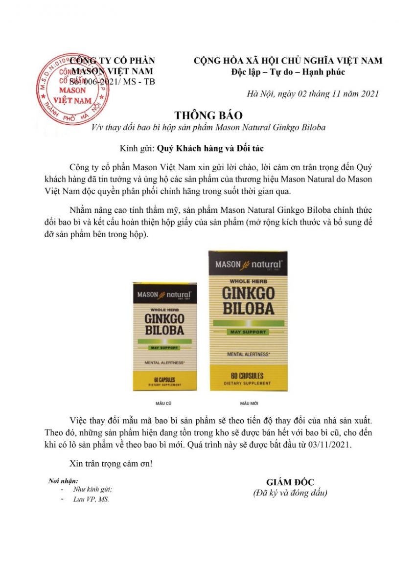Thông báo: Thay đổi bao bì sản phẩm Mason Natural Ginkgo Biloba