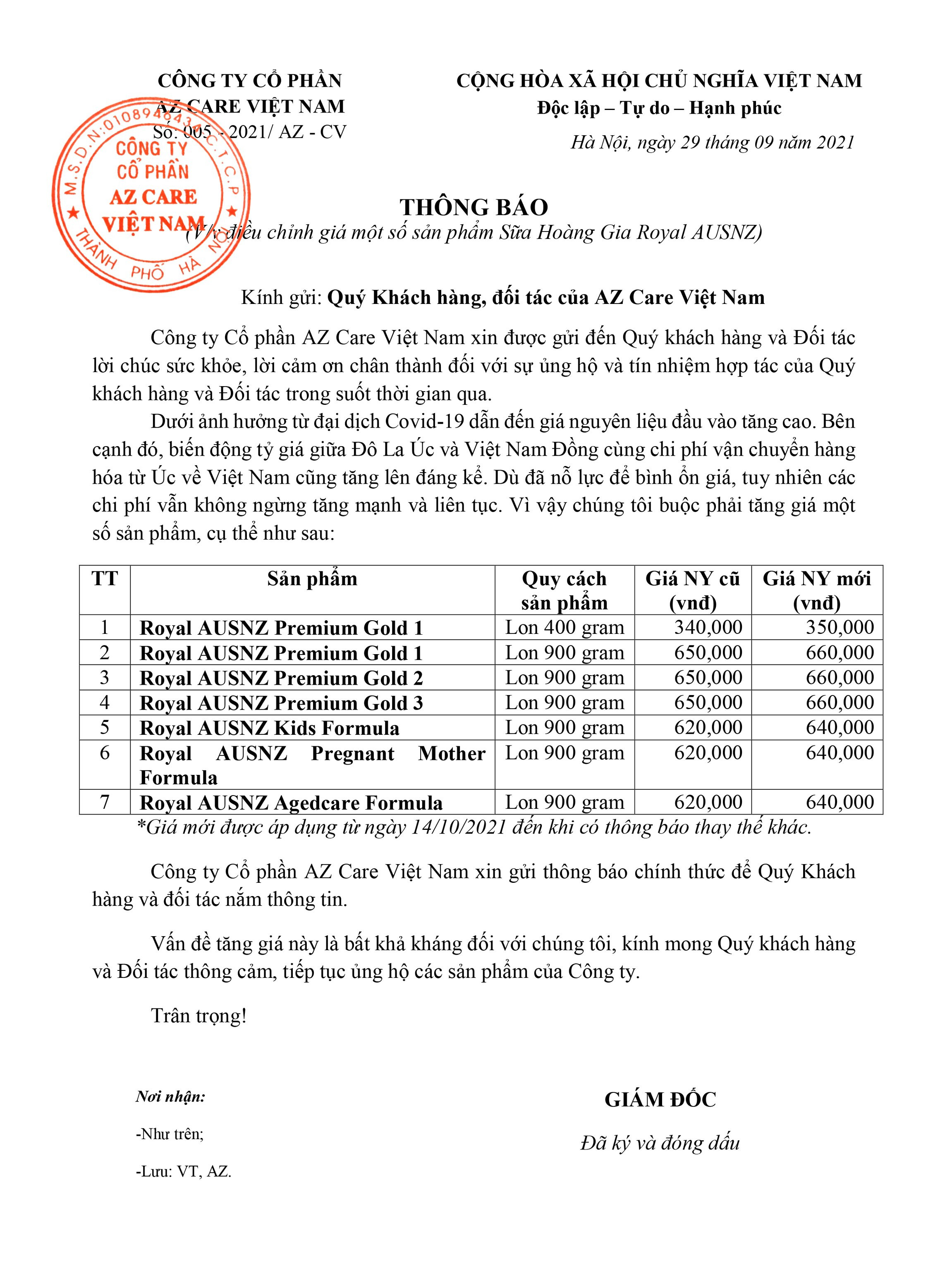 Thông báo: Điều chỉnh giá một số sản phẩm Sữa Hoàng Gia Royal AUSNZ 