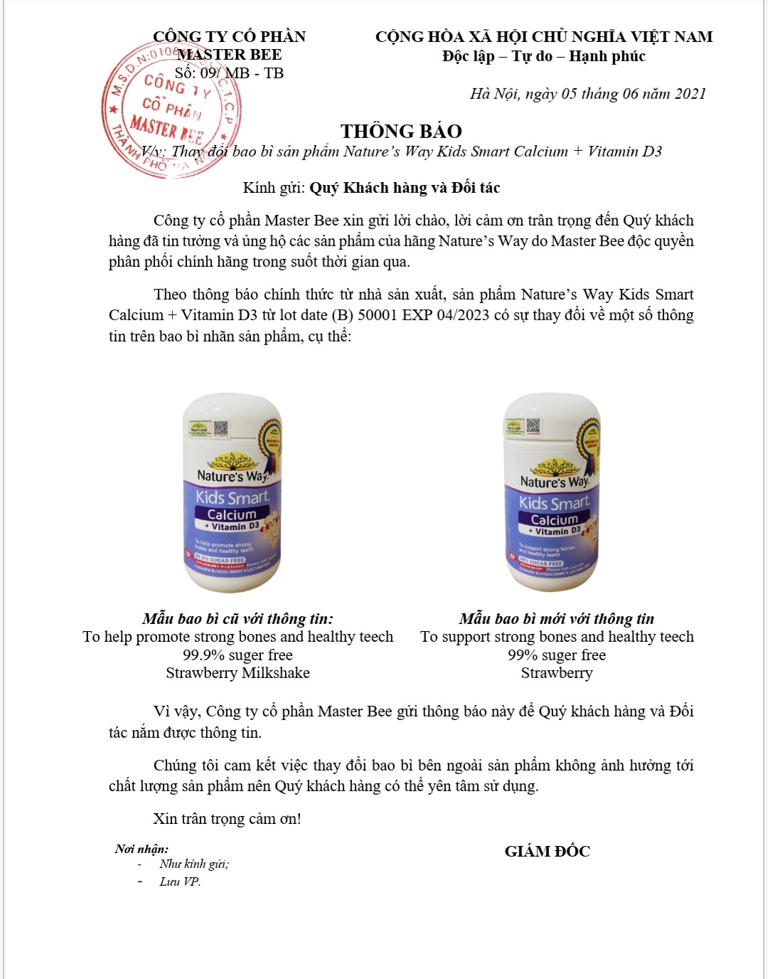 Thông báo thay đổi bao bì sản phẩm Nature's Way Kids Smart Calcium + Vitamin D3
