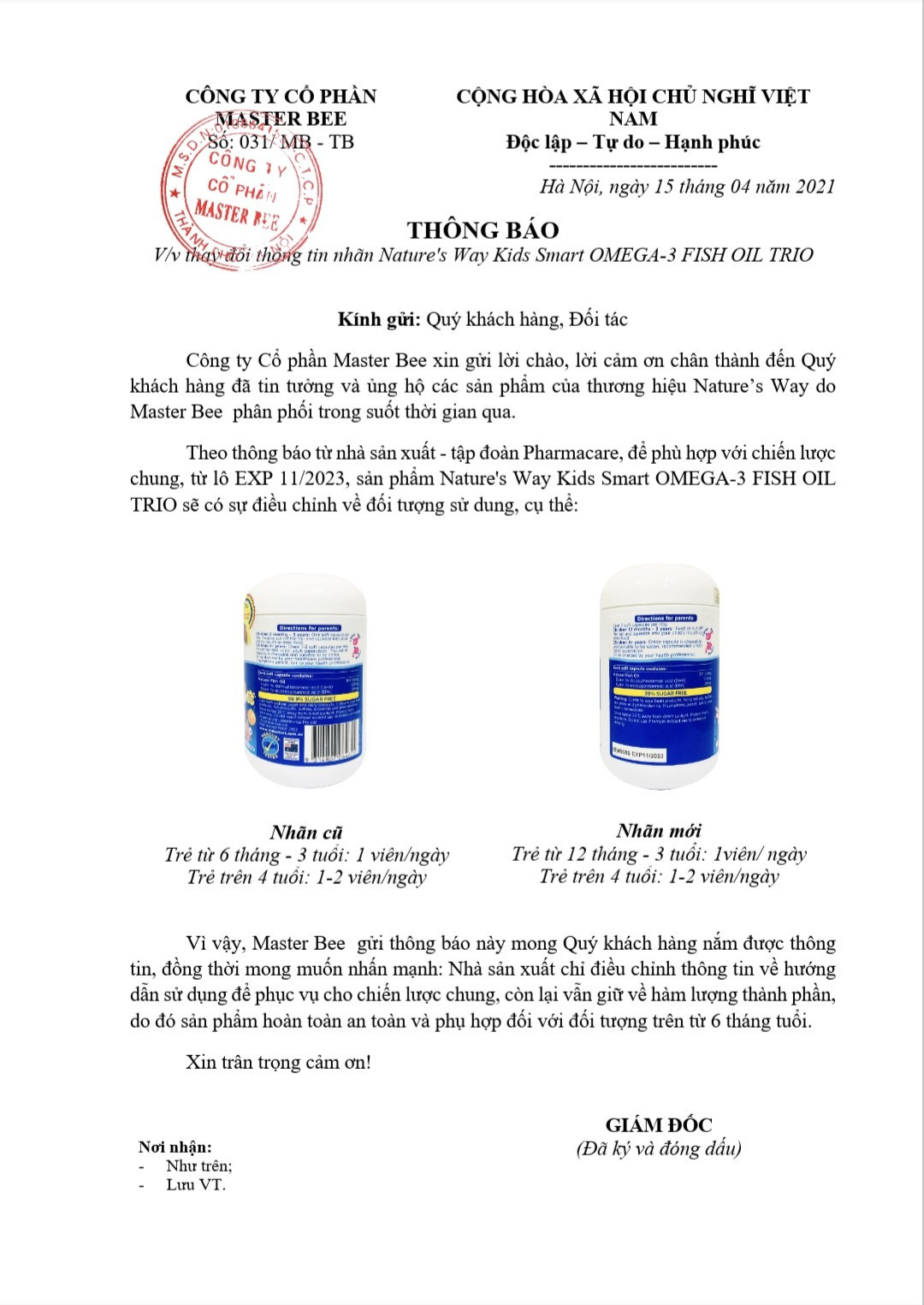 Thay đổi thông tin nhãn sản phẩm Nature's Way Kids Smart Omega-3 Fish Oil Trio