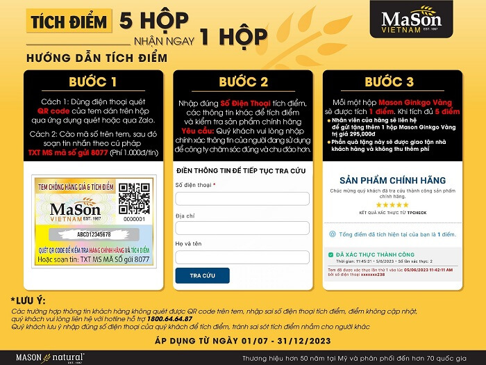 Tích điểm 5 hộp Mason Ginkgo Vàng tặng 1 hộp cùng loại