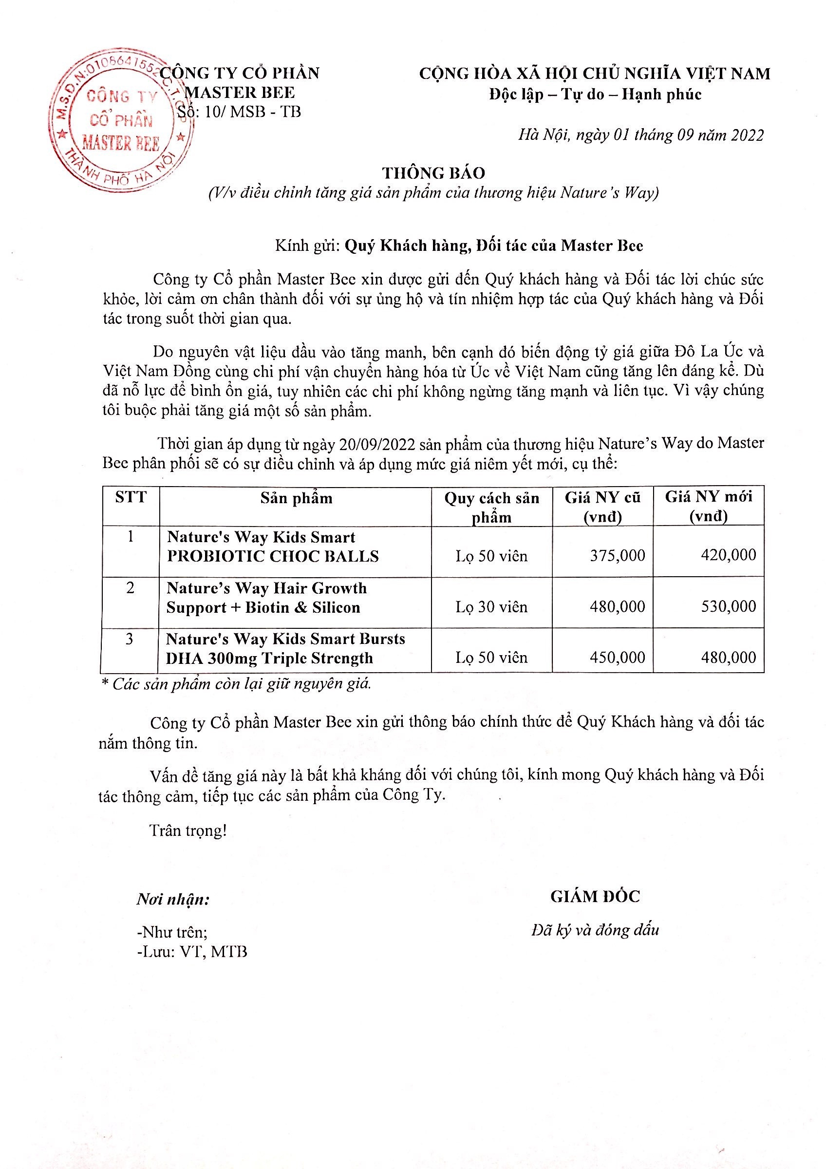 Nature's way điều chỉnh giá sản phẩm